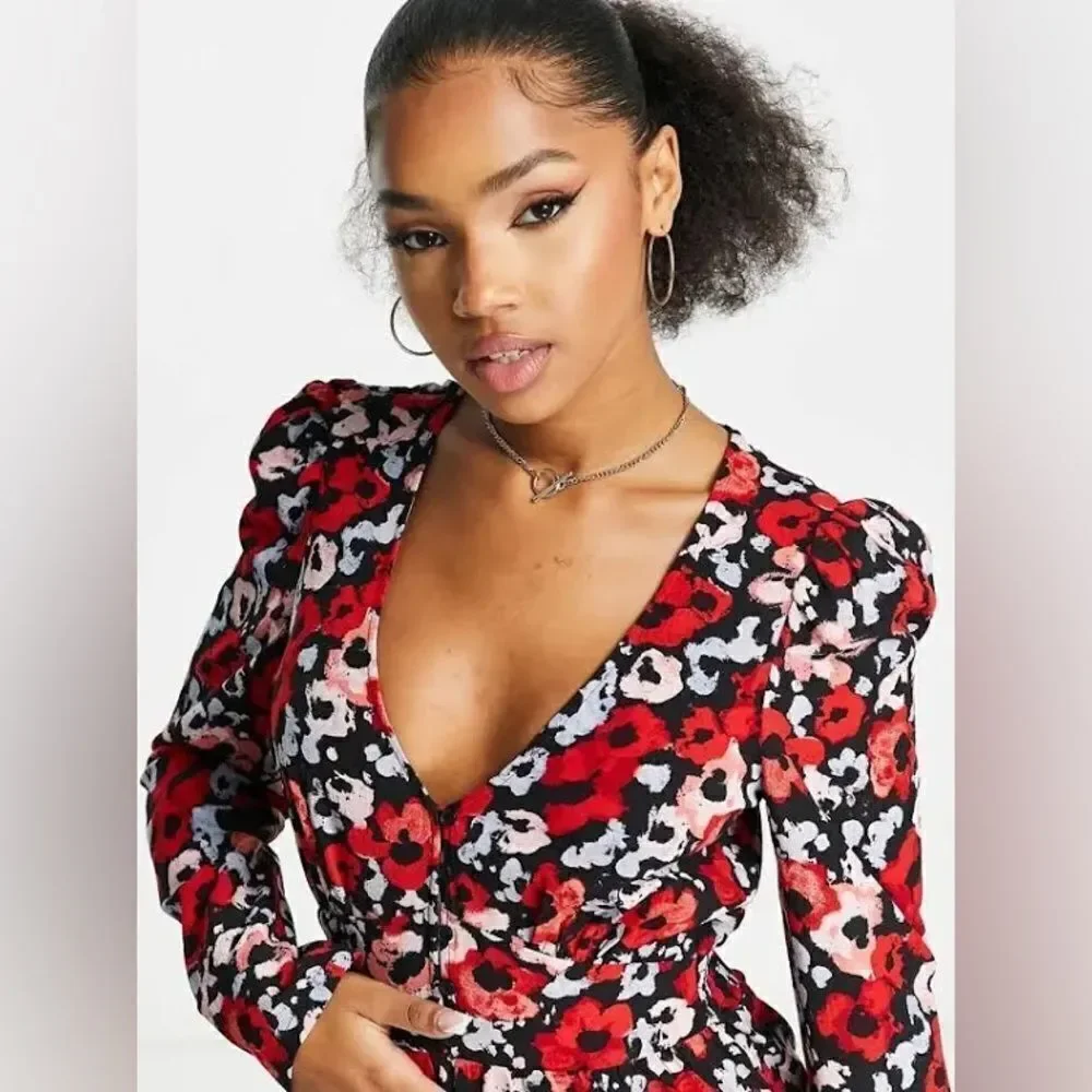 Monki Floral long sleeve V neck jumpsuit